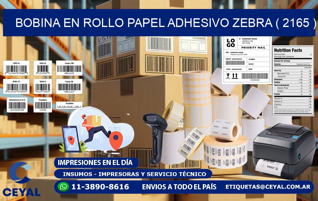 BOBINA EN ROLLO PAPEL ADHESIVO ZEBRA ( 2165 )