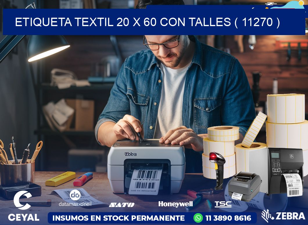 ETIQUETA TEXTIL 20 X 60 CON TALLES ( 11270 )