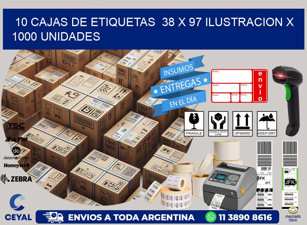 10 CAJAS DE ETIQUETAS  38 x 97 ILUSTRACION X 1000 UNIDADES