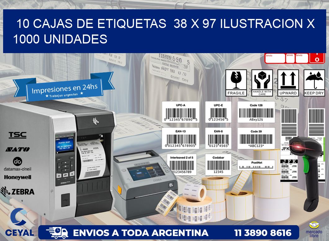 10 CAJAS DE ETIQUETAS  38 x 97 ILUSTRACION X 1000 UNIDADES