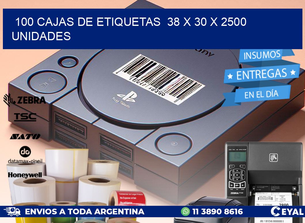 100 CAJAS DE ETIQUETAS  38 x 30 X 2500 UNIDADES