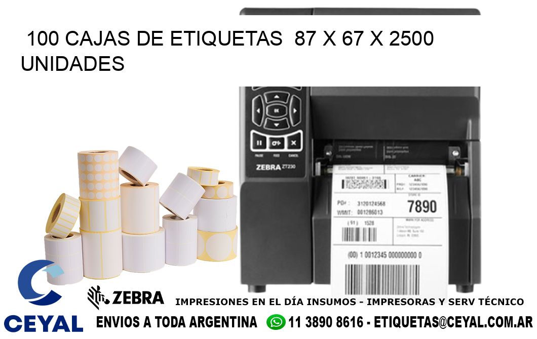 100 CAJAS DE ETIQUETAS  87 x 67 X 2500 UNIDADES