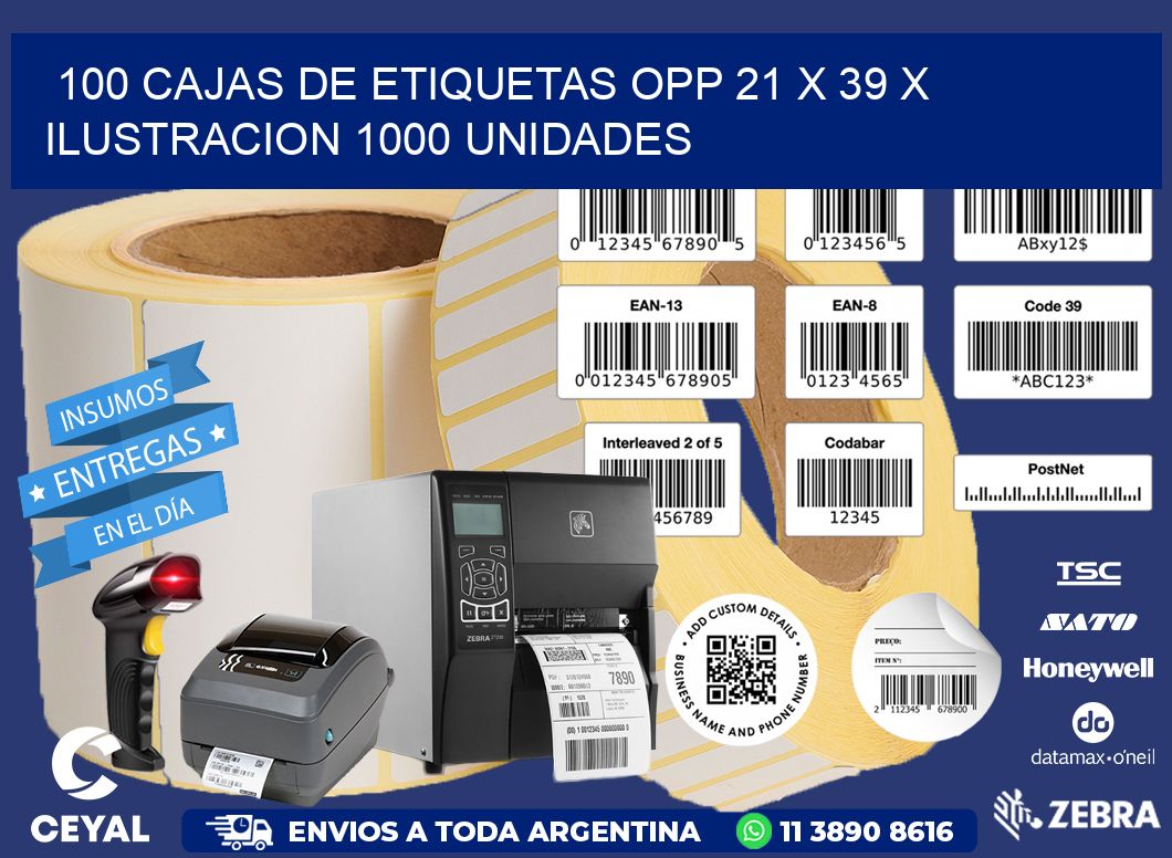 100 CAJAS DE ETIQUETAS OPP 21 x 39 X ILUSTRACION 1000 UNIDADES