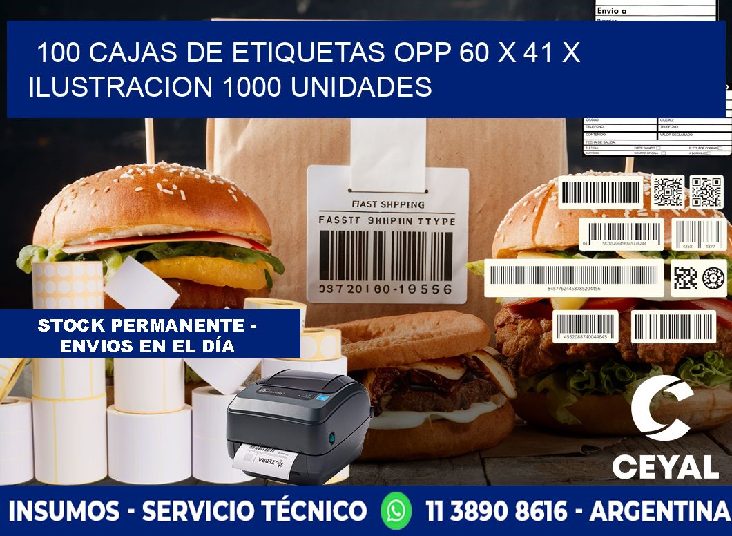 100 CAJAS DE ETIQUETAS OPP 60 x 41 X ILUSTRACION 1000 UNIDADES