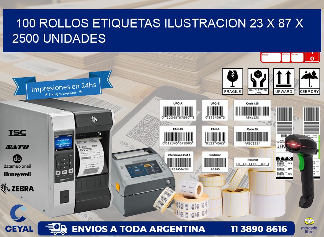 100 ROLLOS ETIQUETAS ILUSTRACION 23 x 87 X 2500 UNIDADES