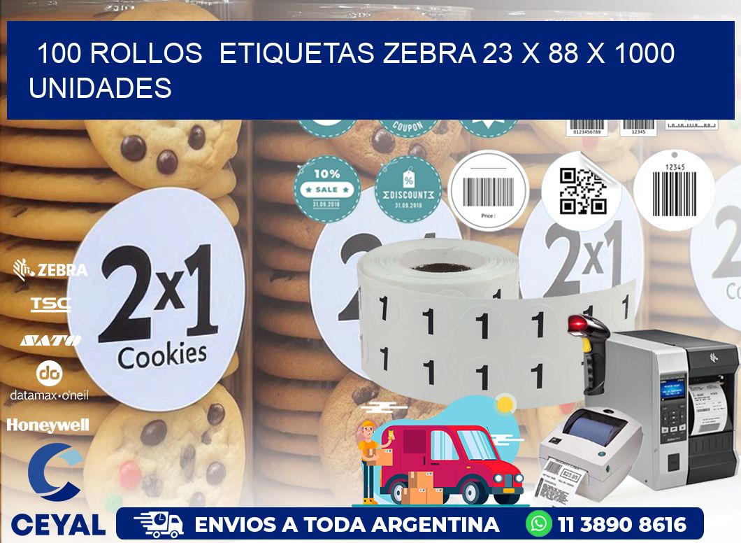 100 ROLLOS  ETIQUETAS ZEBRA 23 x 88 X 1000 UNIDADES