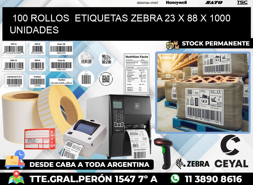 100 ROLLOS  ETIQUETAS ZEBRA 23 x 88 X 1000 UNIDADES