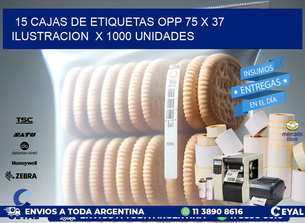 15 CAJAS DE ETIQUETAS OPP 75 x 37 ILUSTRACION  X 1000 UNIDADES