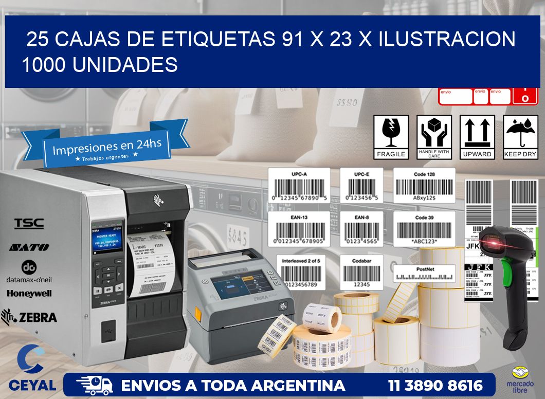 25 CAJAS DE ETIQUETAS 91 x 23 X ILUSTRACION 1000 UNIDADES