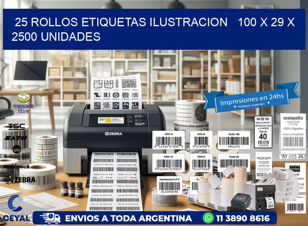 25 ROLLOS ETIQUETAS ILUSTRACION   100 x 29 X 2500 UNIDADES