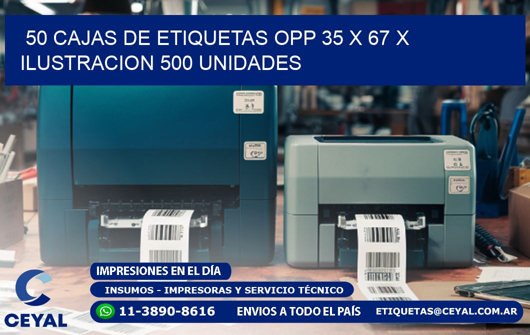 50 CAJAS DE ETIQUETAS OPP 35 x 67 X ILUSTRACION 500 UNIDADES