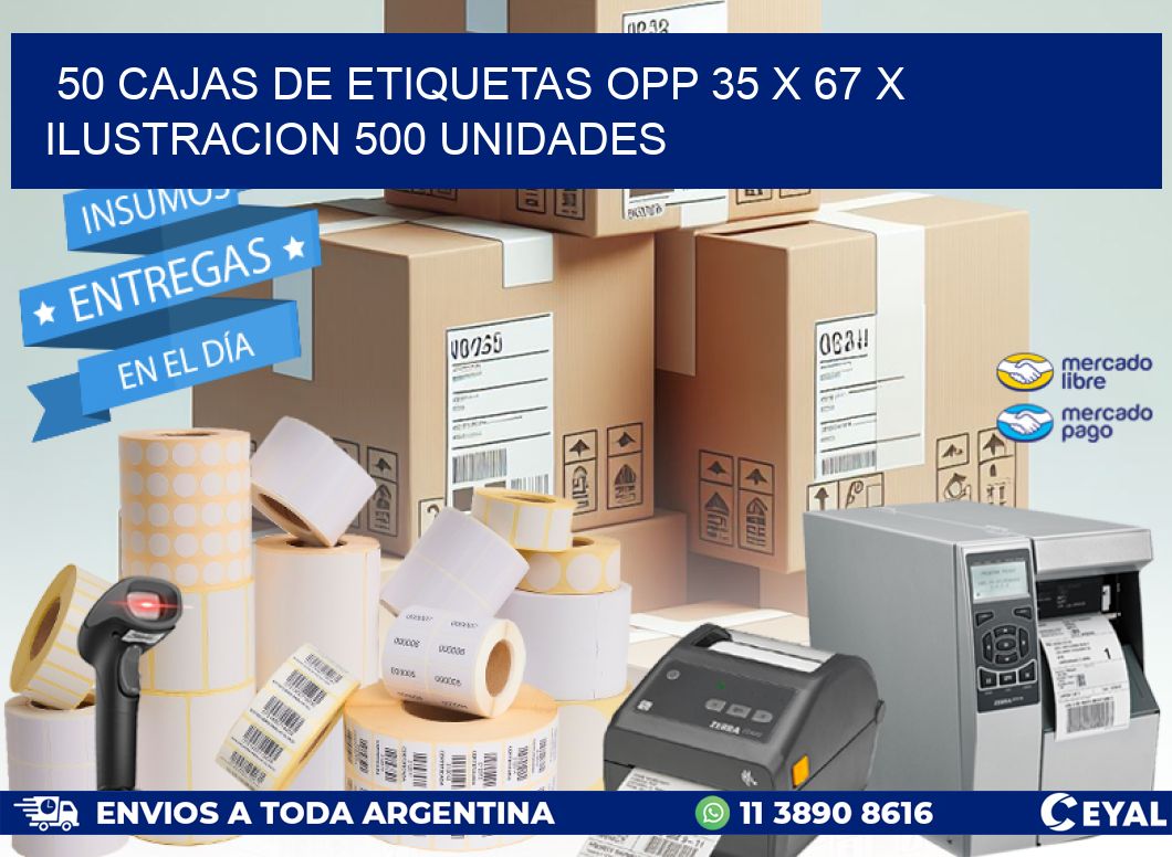 50 CAJAS DE ETIQUETAS OPP 35 x 67 X ILUSTRACION 500 UNIDADES