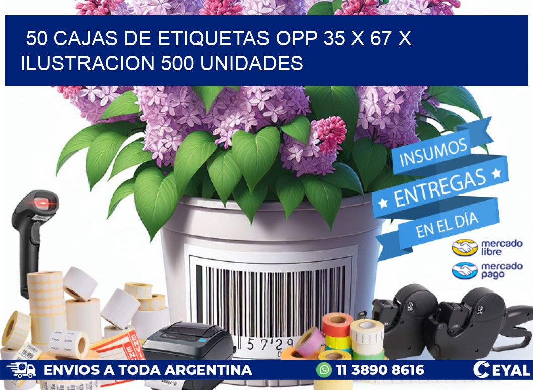 50 CAJAS DE ETIQUETAS OPP 35 x 67 X ILUSTRACION 500 UNIDADES