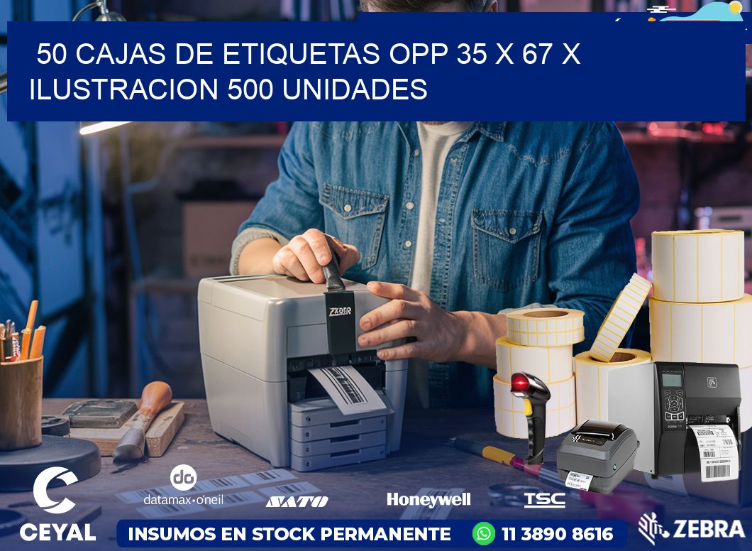 50 CAJAS DE ETIQUETAS OPP 35 x 67 X ILUSTRACION 500 UNIDADES