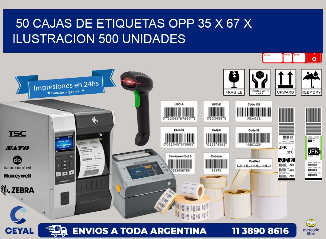 50 CAJAS DE ETIQUETAS OPP 35 x 67 X ILUSTRACION 500 UNIDADES