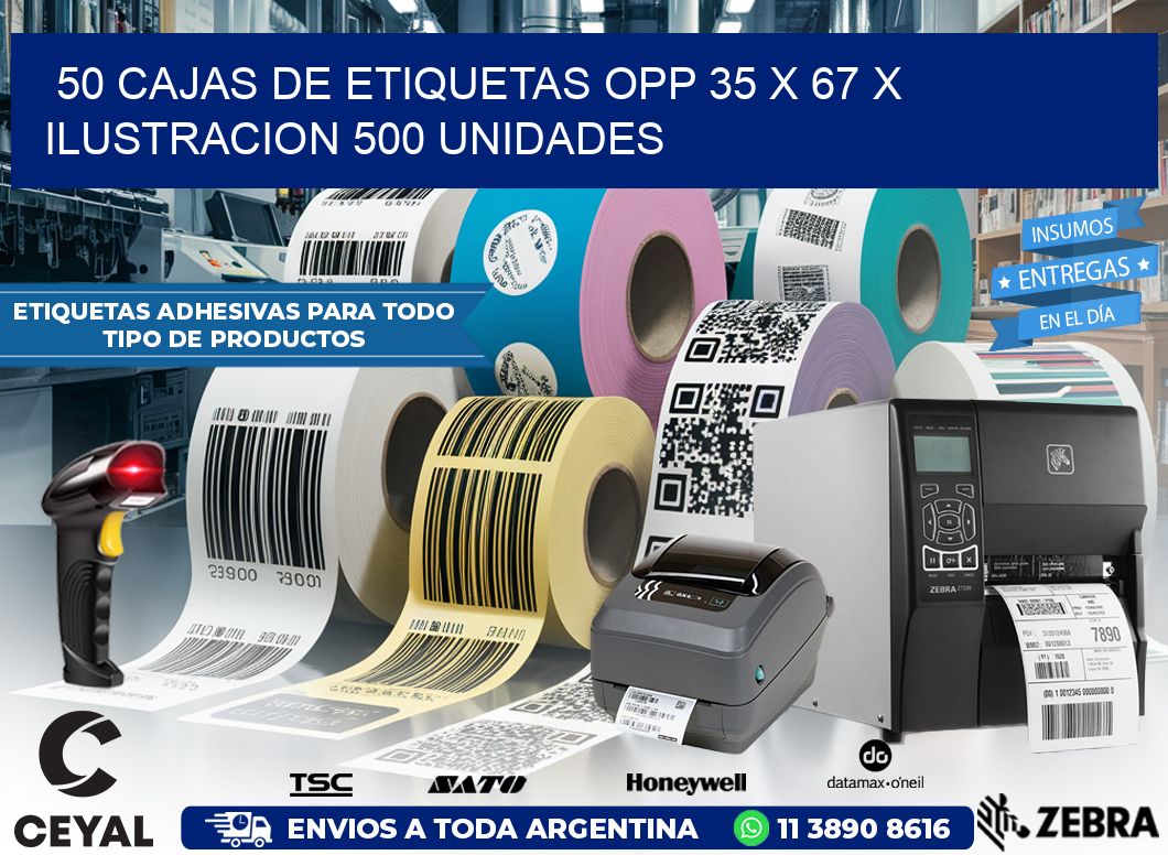 50 CAJAS DE ETIQUETAS OPP 35 x 67 X ILUSTRACION 500 UNIDADES