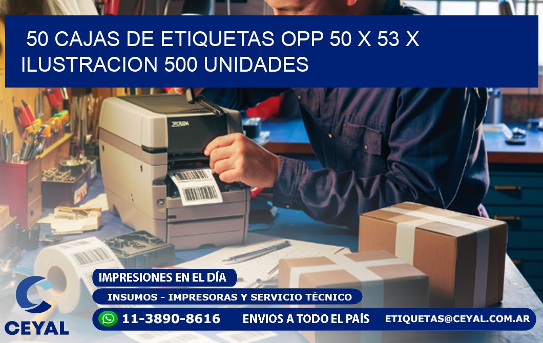 50 CAJAS DE ETIQUETAS OPP 50 x 53 X ILUSTRACION 500 UNIDADES