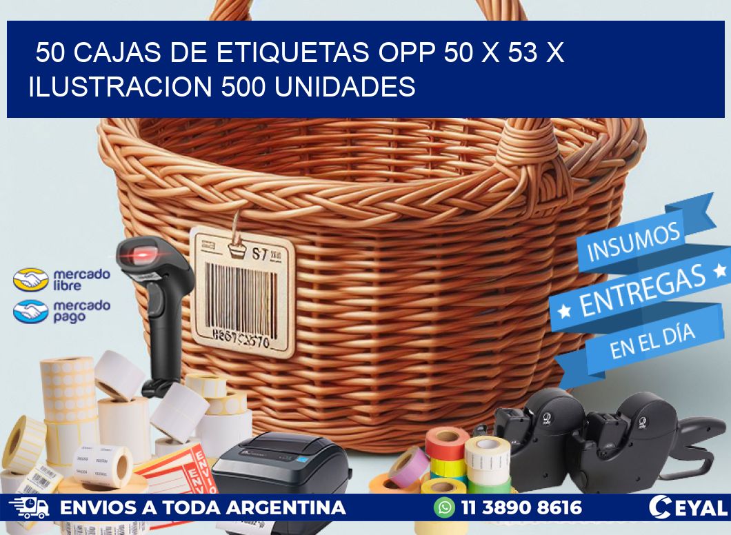 50 CAJAS DE ETIQUETAS OPP 50 x 53 X ILUSTRACION 500 UNIDADES