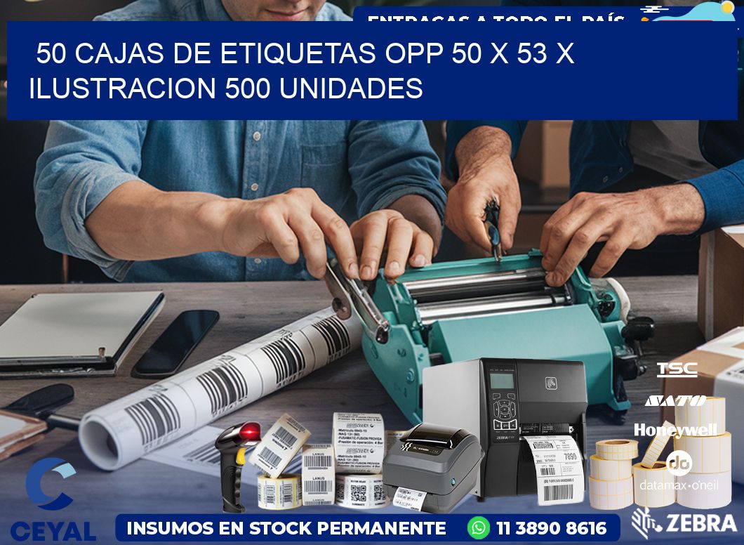 50 CAJAS DE ETIQUETAS OPP 50 x 53 X ILUSTRACION 500 UNIDADES