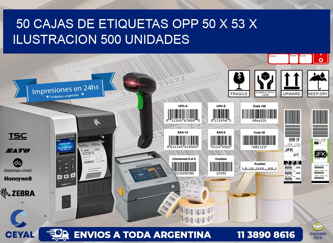 50 CAJAS DE ETIQUETAS OPP 50 x 53 X ILUSTRACION 500 UNIDADES