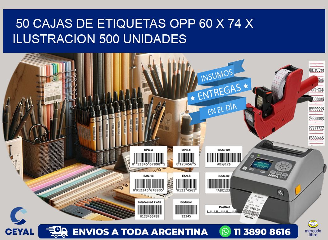 50 CAJAS DE ETIQUETAS OPP 60 x 74 X ILUSTRACION 500 UNIDADES