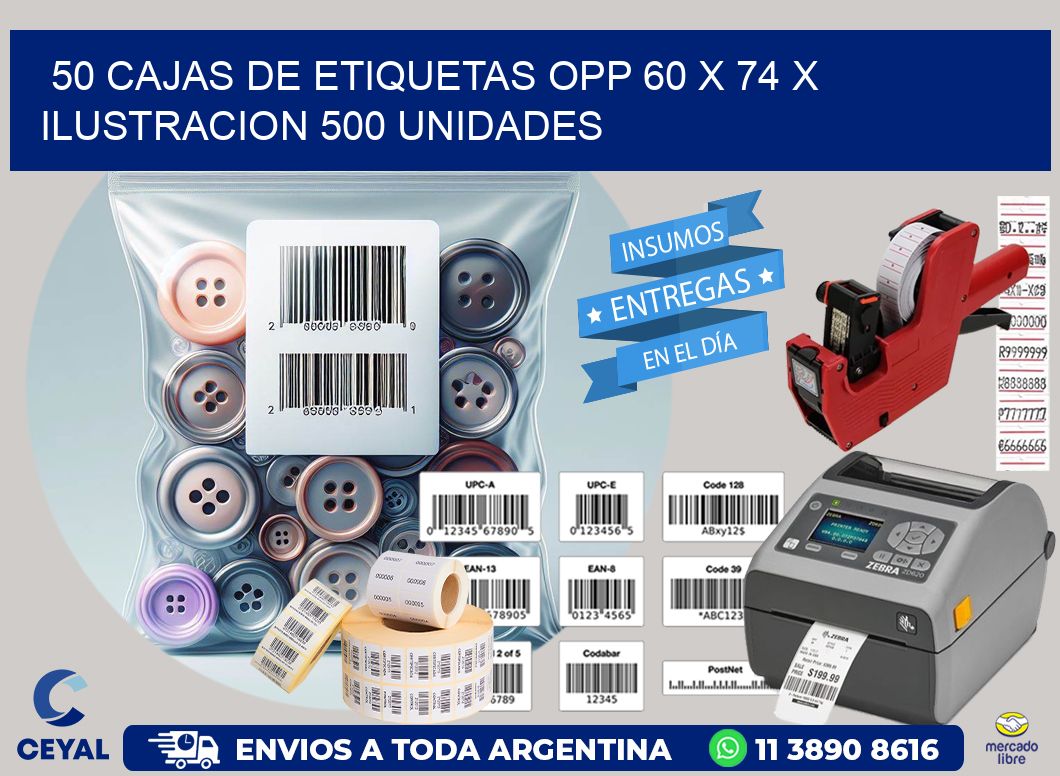 50 CAJAS DE ETIQUETAS OPP 60 x 74 X ILUSTRACION 500 UNIDADES