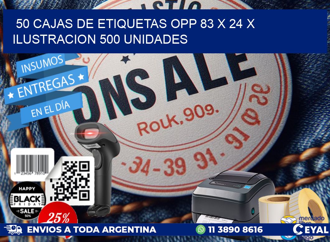 50 CAJAS DE ETIQUETAS OPP 83 x 24 X ILUSTRACION 500 UNIDADES