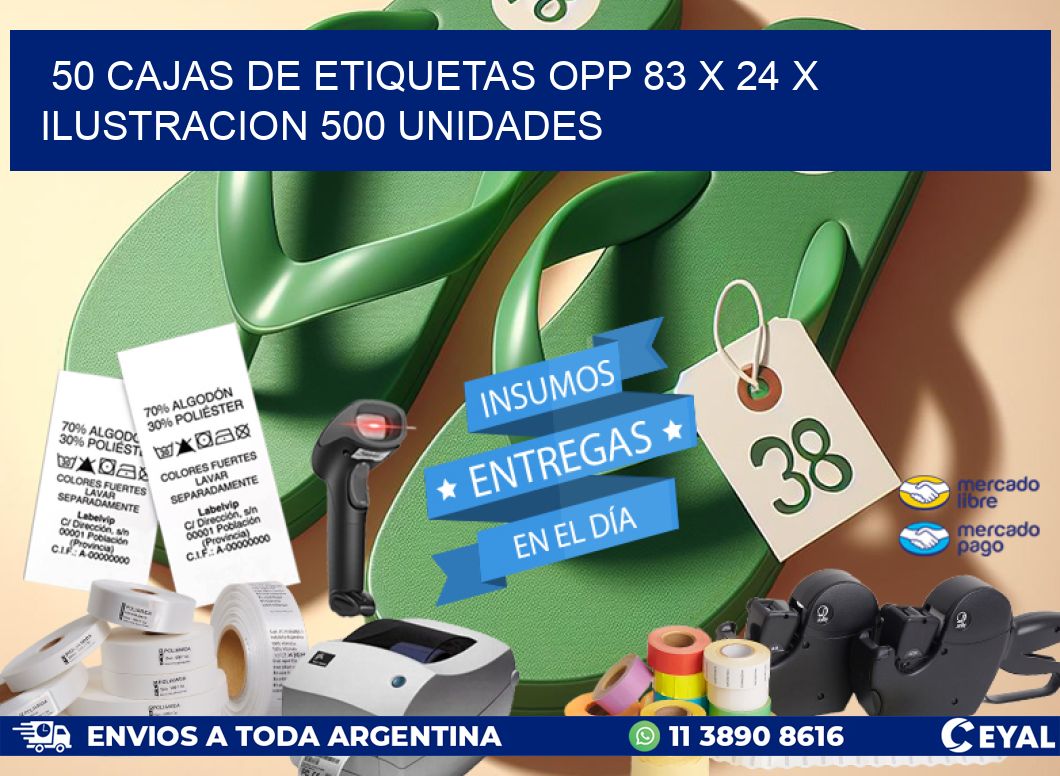 50 CAJAS DE ETIQUETAS OPP 83 x 24 X ILUSTRACION 500 UNIDADES