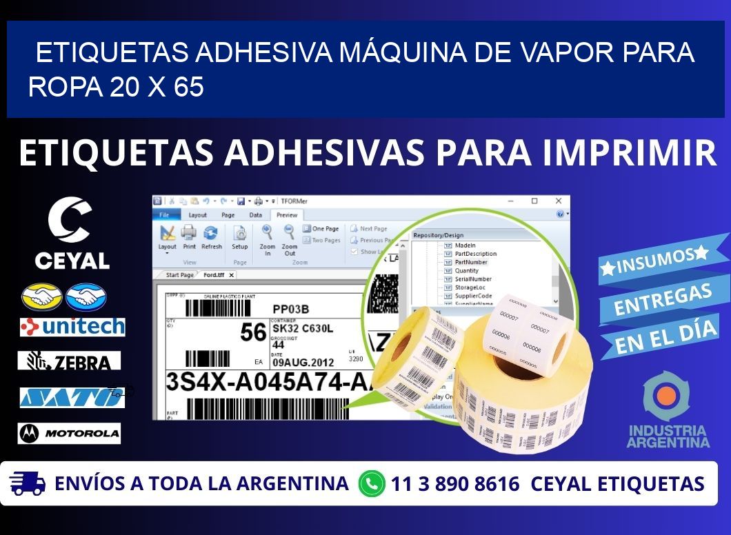 ETIQUETAS ADHESIVA MÁQUINA DE VAPOR PARA ROPA 20 x 65