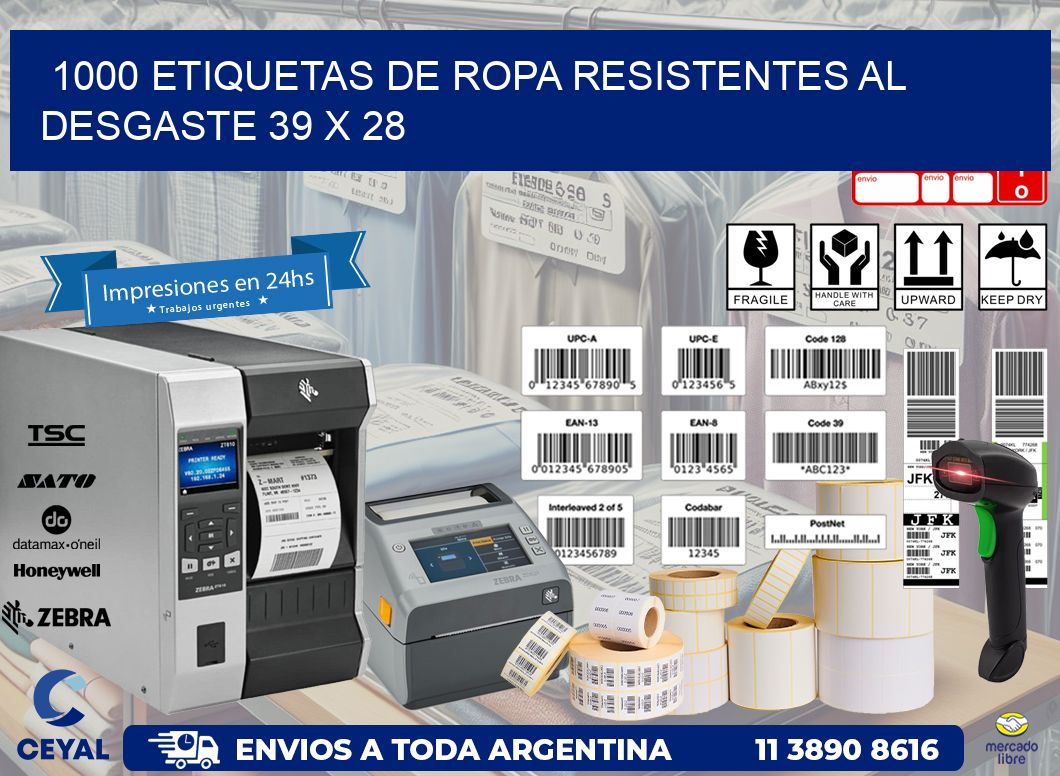 1000 ETIQUETAS DE ROPA RESISTENTES AL DESGASTE 39 x 28