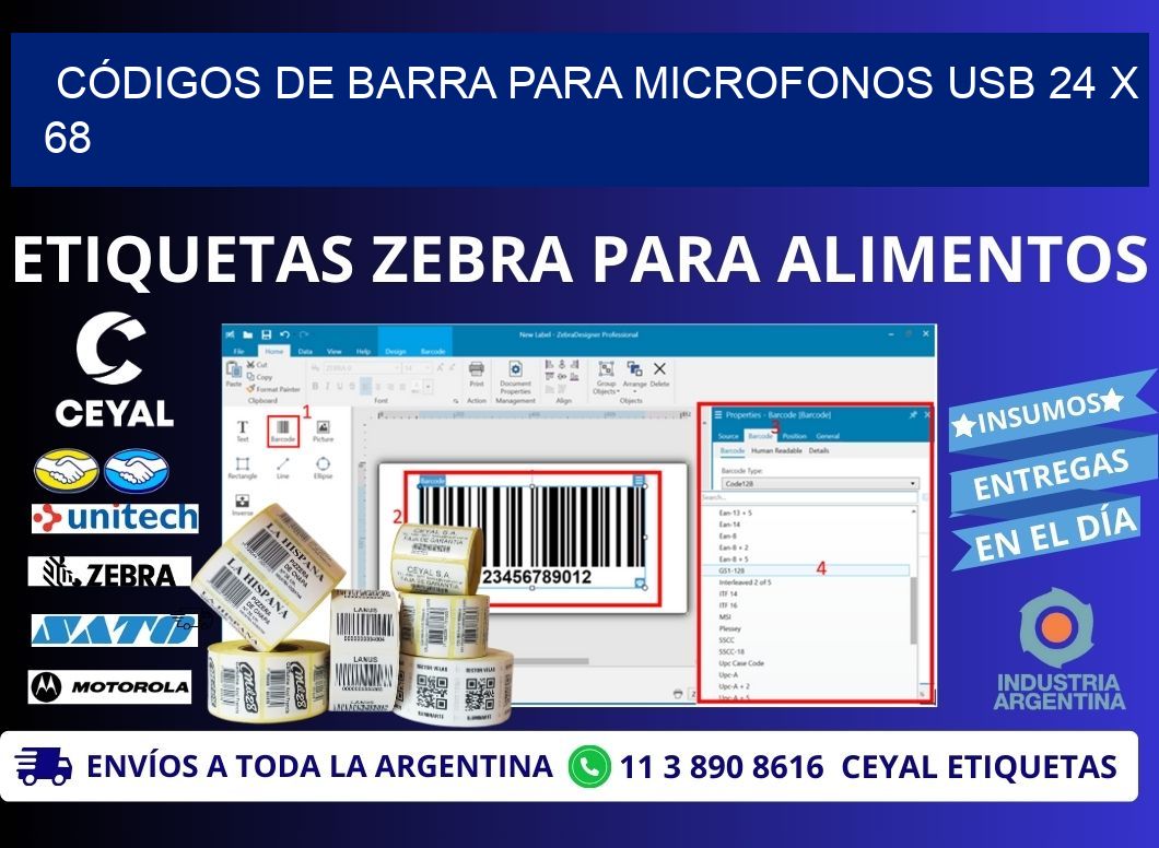 CÓDIGOS DE BARRA PARA MICROFONOS USB 24 x 68