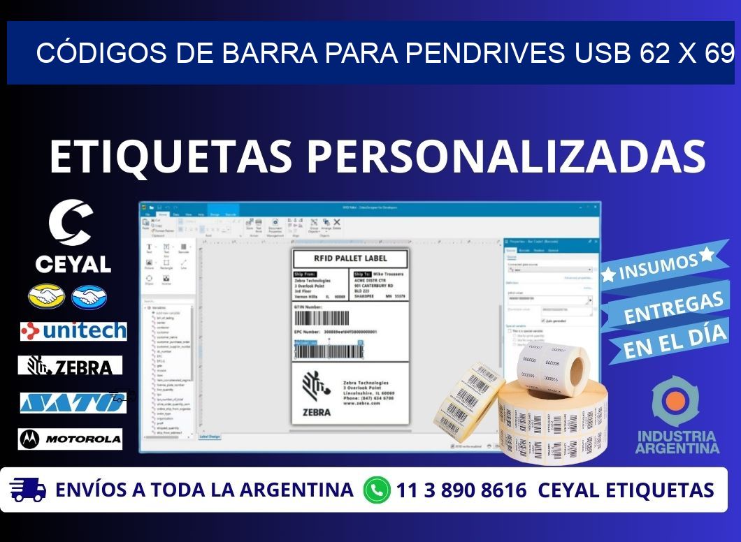 CÓDIGOS DE BARRA PARA PENDRIVES USB 62 x 69