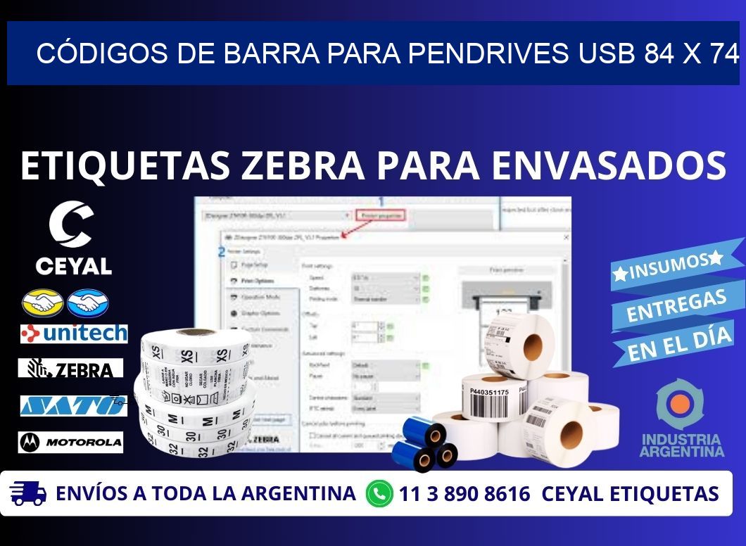 CÓDIGOS DE BARRA PARA PENDRIVES USB 84 x 74