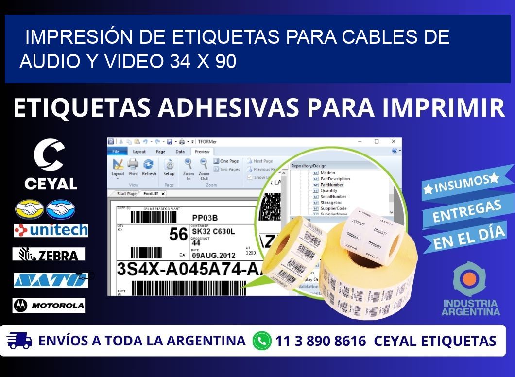 IMPRESIÓN DE ETIQUETAS PARA CABLES DE AUDIO Y VIDEO 34 x 90